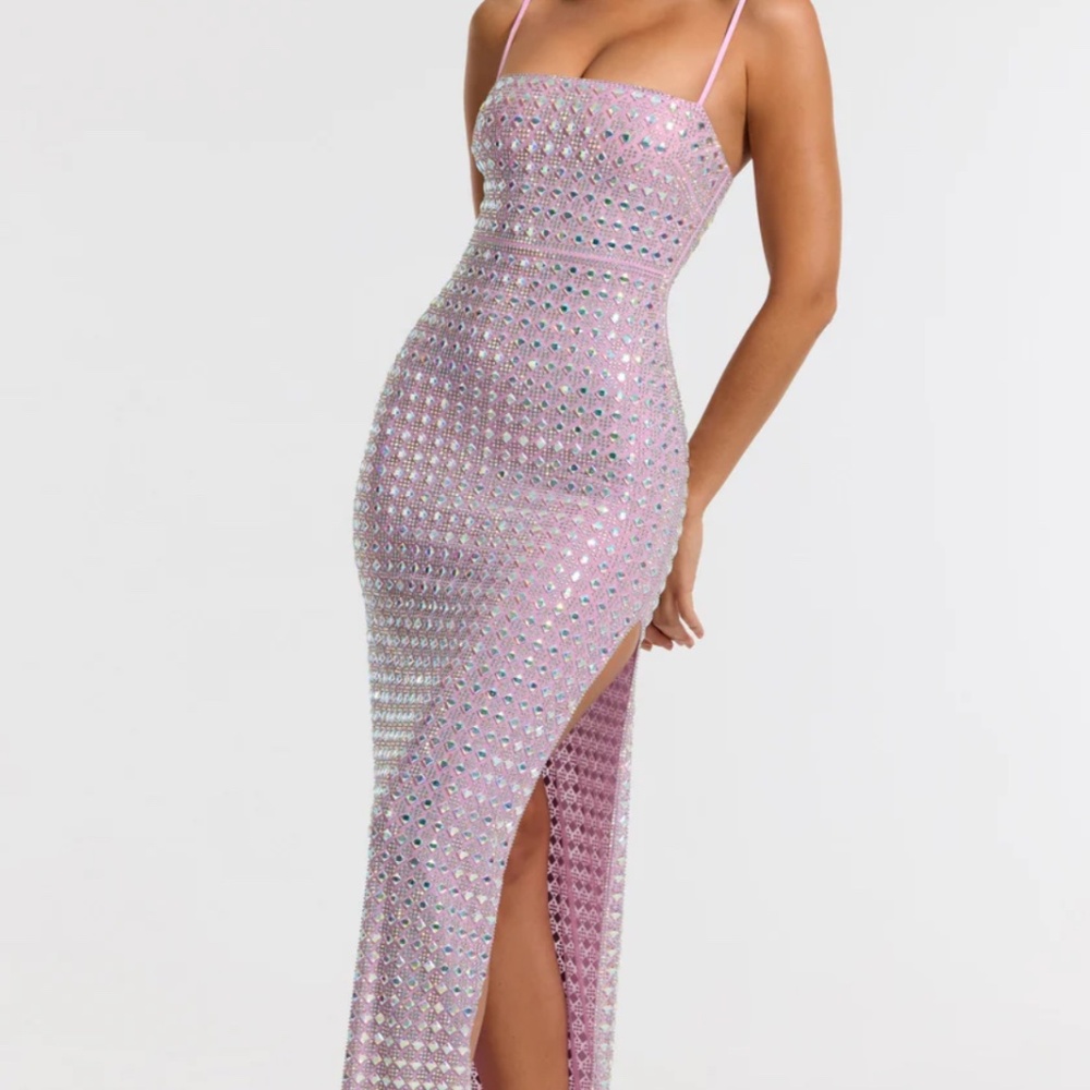 Prisha Embellished Square Neck Evening Gown in Lilac